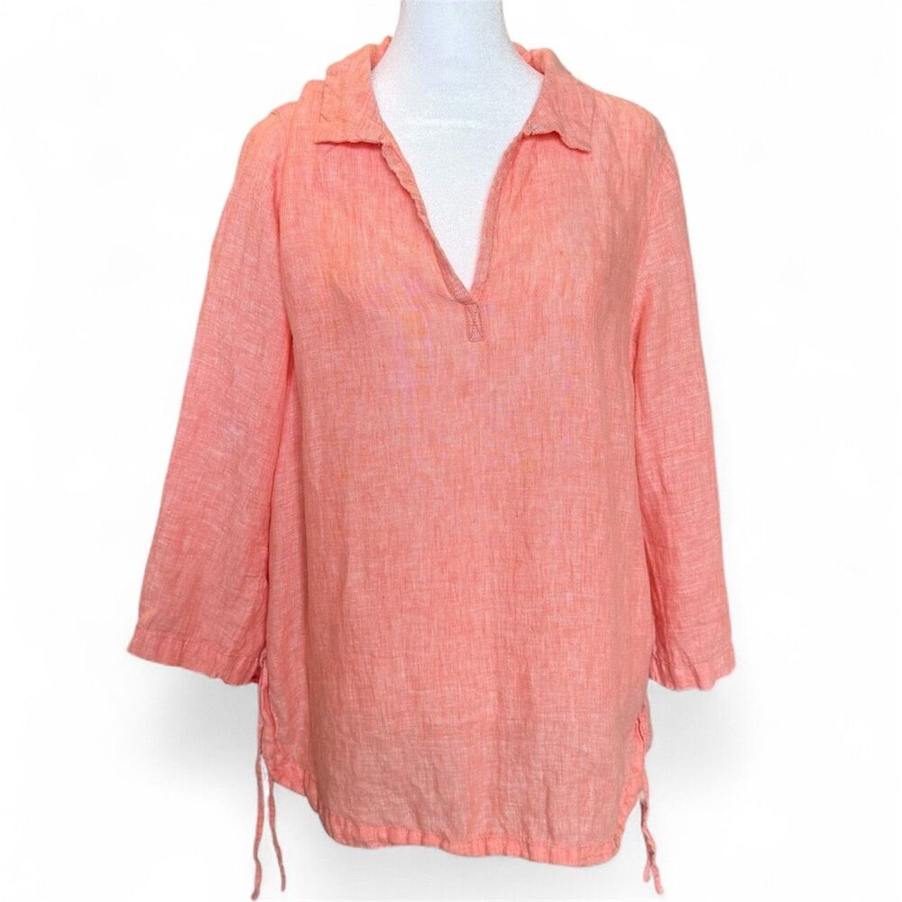 Sigird Olsen Womens Peach Linen V-Neck Top Blouse Beachy Boho Tunic Size M